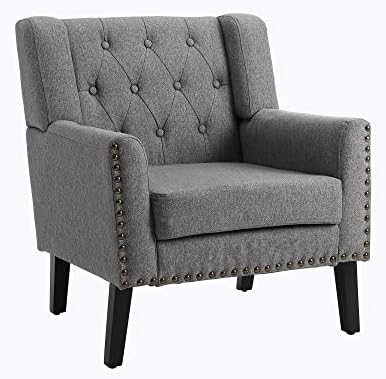 Nusetx Fabric Living Room Chair Comfy Upholstered Button Tufted Armchair, Mid-Century Modern Chair Accent Chairs with Solid Wood Legs, Single Sofa Chair for Living Room,Bedroom, Grey