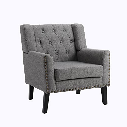 Nusetx Fabric Living Room Chair Comfy Upholstered Button Tufted Armchair, Mid-Century Modern Chair Accent Chairs With Solid Wood Legs, Single Sofa Chair For Living Room,Bedroom, Grey #TOP3