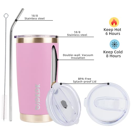 Image of BJPKPK 20 oz Coffee Tumbler with Lid, Straw, Insulated Stainless Steel Mug | Double Wall Vacuum, Keeps Hot /Cold, BPA Free, Leak Proof, Iced Coffee Cup Fit Car Holder, Travel & Beach Ready, Light Pink