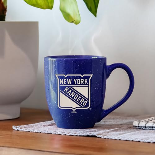 Image of Rico Industries NHL Hockey New York Rangers Royal Personalized 16 oz Team Color Laser Engraved Speckled Ceramic Coffee Mug