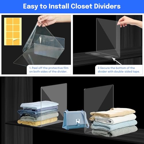 Image of Shelf Dividers Closet Organizer Deep Acrylic Clear Sturdy Separate for Clothes Purse - Adjustable Easy Install for Home Organization Enthusiasts (SIZE- 10 inch Tall X 12 inch Deep) PACK OF 4
