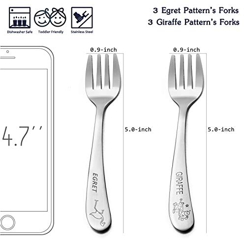 Kids Forks, E-far Stainless Steel Toddler Baby Fork Set, Non-Toxic & Cute Animals Pattern, Matte Polished & Dishwasher Safe - 6 Pack - Thumbnail 4