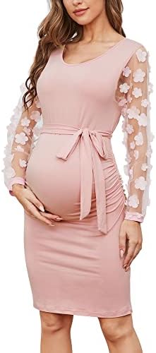 Floral Mesh Bishop Long Sleeve Maternity Midi Dress, Fall Maternity Bodycon Dress for Baby Shower/Wedding Guest/Photoshoot
