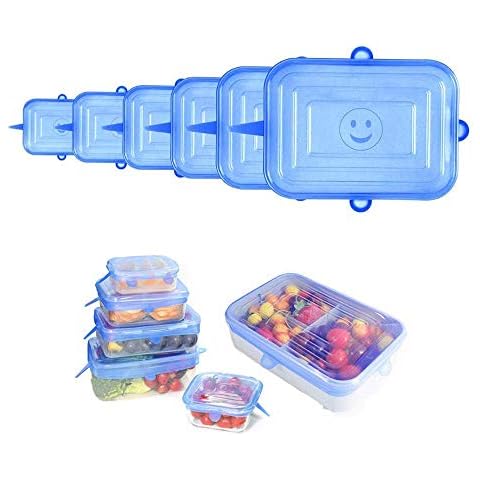 YOUYIKE® Silicone Stretch Lids, 6 Pack 6 Different Sizes Rare Rectangular Flexible,Durable,Reusable Stretch Food Saving Silicone Food Covers for Cups,Bowls,Mugs,Cans,Using in Microwave&Freezer - Blue Cover