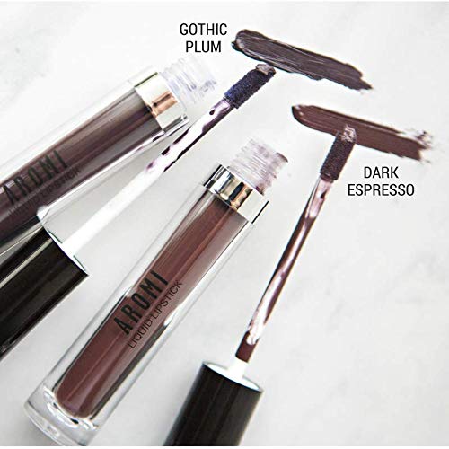 Miniatura 4 de Aromi Lápiz labial líquido Black Plum mate, color de labios oscuro medianoche, vegano y libre de crueldad, lápiz labial opaco de larga duración