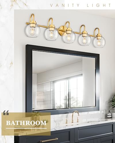 Image of Bathroom Light Fixtures, 5-Light Brushed Gold Vanity Lights with Globe Clear Glass, 35 Inch Champagne Bronze Vanity Lighting Fixtures Over Mirror, AD-22280-5W-GD