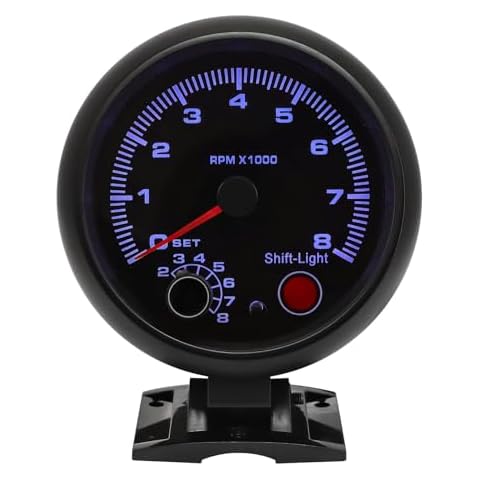 Shkalacar Autogage Tachometer, 3.75'' Tachometer RPM Gauge Universal Black Tachometer Gauge Blue Inter Shift light 0-8000 RPM Cover