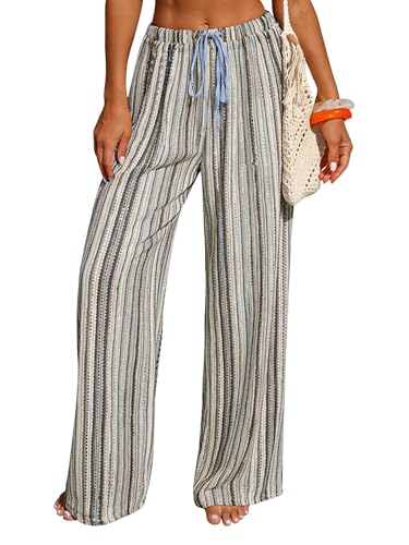 Image of ZAFUL Womens Beach Cover Up Pants Sexy Crochet Drawstring Elastic Boho Swimsuit Cover Up Long Pants Beach Wear
