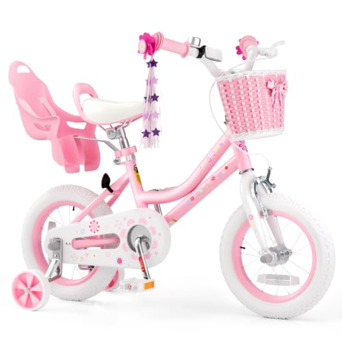 Image of Glaf Toddler Girls Bike for Age 2-12 Years Old | 12 14 16 20 Inch Kids Bike Girls Bicycle with Training Wheels,Basket,Doll Seat,Princess Style Kids Bicycle Gift