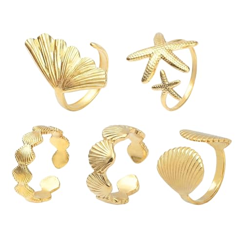XENQITO 5 Pièces Bague Femme Acier Inoxydable, Bague Coquillage Etoile de Mer, Vintage Bagues pour Femmes, Bague Femme Or, Etanche Simple Ouverture Bagues...