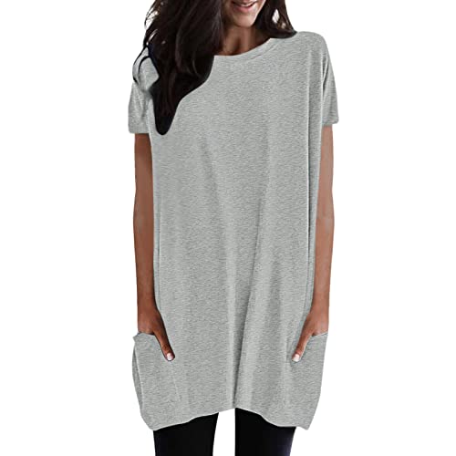Tee Shirt Long Femme avec Poche Ourlet Ample à Manches Courtes Et Col Rond Tshirt en Coton D'été Oversize Basique Top Élégant Tunique Haut Long pour Leggings...