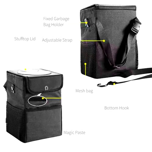 Image of LUO&GEFIK Car Trash Can with Steel Bars & Leak-Proof Lining - Foldable 2 Gal Vehicle Garbage Bin, Adjustable Strap for SUV /Truck, Storage Pockets for Car Organizing (Black).
