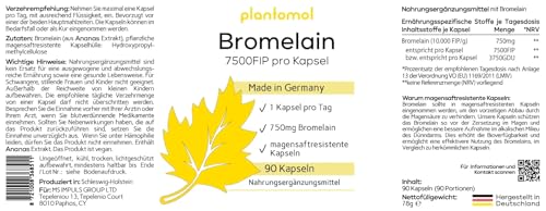 Bromelain Kapseln mit 7500 FIP/Kapsel - Bromelain hochdosiert - 750mg Bromelain Enzym aus Ananas - Enzymaktivität von 10.000 FIP/g - 3 Monatsvorrat