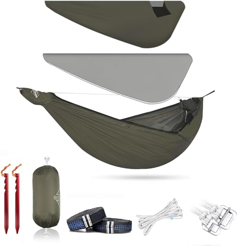 Onewind Airstream Camping Hammock with Mosquito Net and Windsock, Portable Hammock with Tree Straps and Bugnet for Winter Camping, Hiking, Backpacking, OD Green
