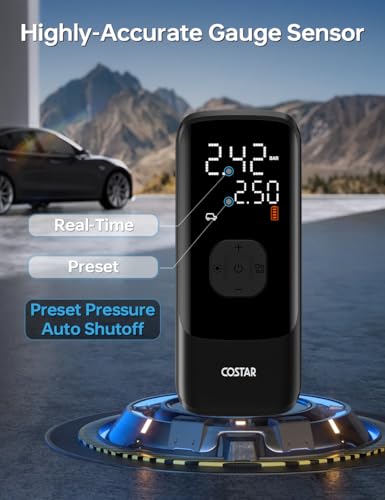 Image of COSTAR Air Compressor Tyre Inflator for Car, 50Psi Cordless with Accurate Pressure LCD Display, 4000Mah Portable Air Pump, 2X Faster Inflation, Suitable for Motorcycle, Cycle, E-Bikes, Black