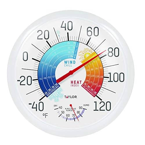 Taylor Wind Chill/Heat Index Thermometer & Hygrometer, Indoor Outdoor Wireless Thermometer with Easy to Read Large Numbers for Patio, Pool, and Indoor Areas, 13.25-inch