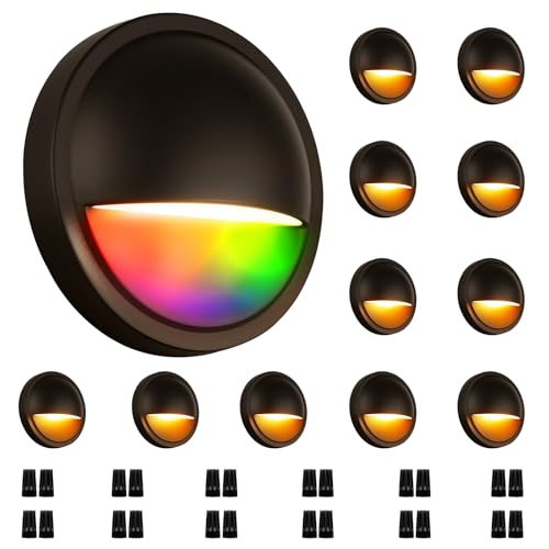 Image of RGB LED Deck Lights Low Voltage Outdoor for Surface Mount | 3W 12-24V AC /DC Wired Color Changing Landscape Lighting for Deck Fence Post Step of Christmas Decorations, Bronze, 12PK