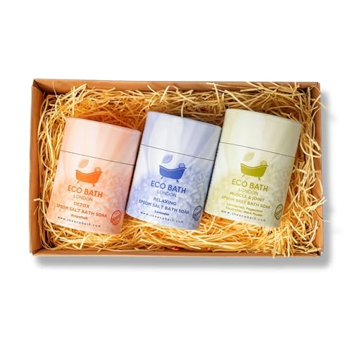 Image of Eco Bath London Epsom Salt Gift Set - 3 x 8.8 oz (250 g) Premium Bath Salts Collection, Magnesium Bath Soak Sampler Made in UK, Relaxation Spa Gift Box for Women and Men, Self Care Birthday Gift