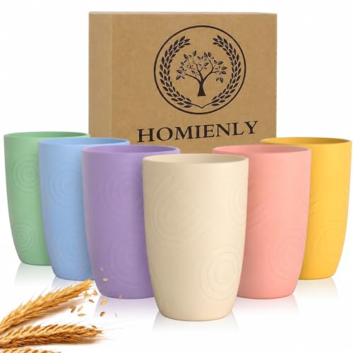 Homienly Wheat Straw Cups Lightweight Drinking Glasses Unbreakable Plastic Tumblers Dishwasher & Microwave Safe Plastic Cups for Kitchen, Travel, Camping, 12oz Reusable Cup Set (6 PCS, Multilight)