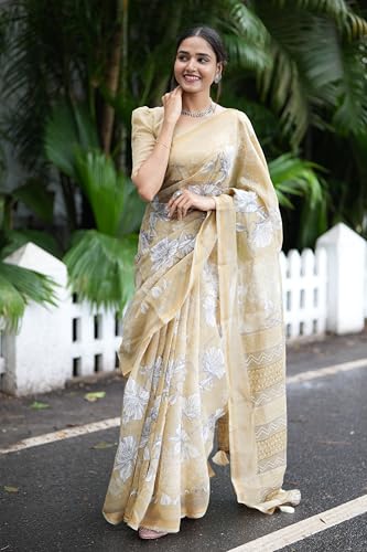 Image of MIRCHI FASHION Saree for Woman Printed Cotton Blend | Elegant Traditional Sari for Social Events and Farewell with Blouse Piece