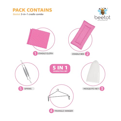 Image of Premium Swing Cradle Set | Cradle Cloth, Padded Bed, Mosquito Net, Heavy-Duty Spring & Triangle Hanger | Up to 15 kg | Dark Pink Dot