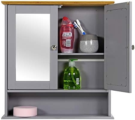 Taylor & Brown Grey & Bamboo Mirrored Bathroom Cabinet Wall Mounted, Wooden Bathroom Mirror Storage Unit with Shelf