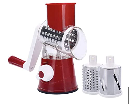 Rotary Cheese Grater (Red) 3 In 1 Multi Purpose Kitchen Manual Food Vegetable Grater Slicer Potato Cheese Grater With Handle Rotary Tabletop Drum Grater, Mandoline Sherdder Rotary Cheese Grater Etc #TOP3