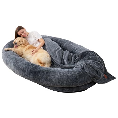Image of Large Human Dog Bed Bean Bag Bed for Humans 72"x48"x10" Giant Beanbag Dog Bed with Blanket for People, Families, Pets (Grey)