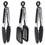 Goalfly Mini Kitchen Tongs, 7 Inch Silicone Tongs with Silicone Tips, 1pc Spatula Tong, 2pcs Basic Food Tongs, Cooking Tongs fo Frying (Set of 3)