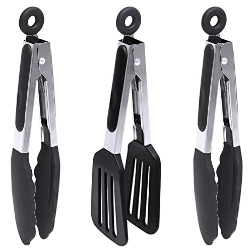 Goalfly Mini Kitchen Tongs, 7 Inch Silicone Tongs with Silicone Tips, 1pc Spatula Tong, 2pcs Basic Food Tongs, Cooking Tongs fo Frying (Set of 3)