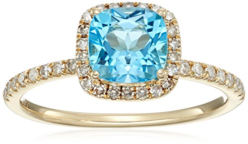 10K Yellow Gold Swiss Blue Topaz And Diamond Cushion Halo Engagement Ring (1/4Cttw, H-I Color, I1-I2 Clarity), Size 7 #TOP7
