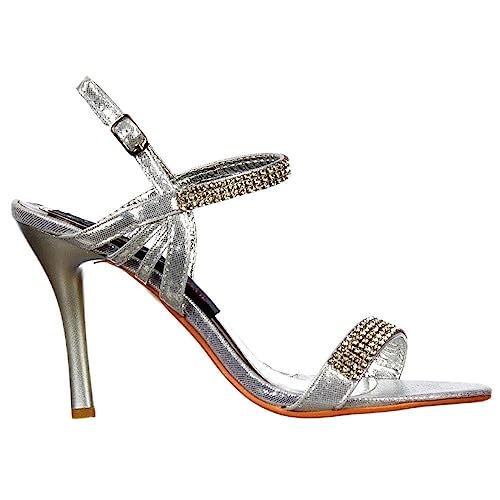 Chaussures argentées à talon aiguille et boucle strass pour femme