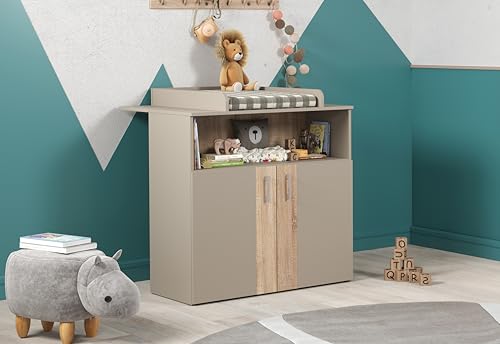 trendteam smart living Berry Babyzimmer Komplett-Set Beige/Eiche modernes Babyzimmer-Set bestehend aus Kleiderschrank, Babybett und Wickelkommode Bett höhenverstellbar von 19 auf 51,8 cm