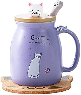 Cat Mug Cute Ceramic Coffee Cup with Lovely Kitty lid Stainless Steel Spoon,Novelty Morning Cup Tea Milk Christmas Mug Gift 380ML (Purple)