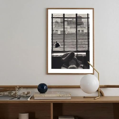 Peinture sur toile paysage fausse fenêtre noire et blanche déco salon 80x120cm