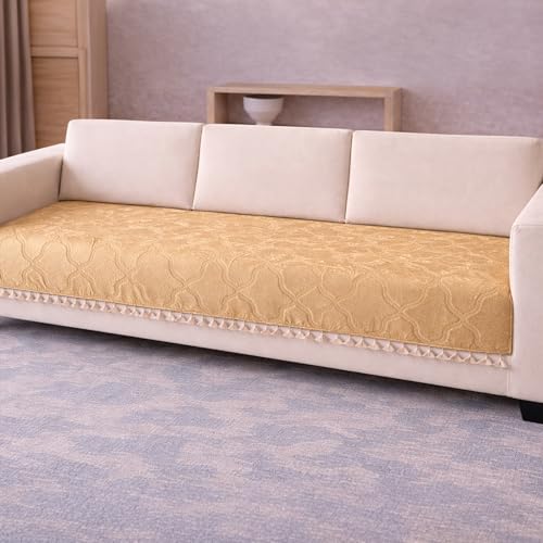 Image of Cortina Velvet Sofa Cover with Tassels | Sofa Couch Protector | Machine Washable Sofa Topper (White, 3 Seater)