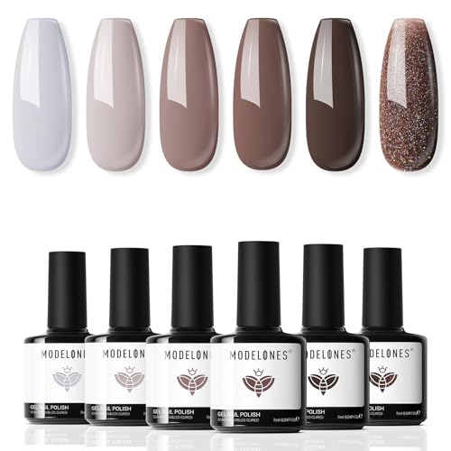 Image of modelones Gel Nail Polish Set- 6 Colors Chocolate Brown Coffee Gel Polish Kit Brown Nude Glitter Nail Kit Soak Off Popular Nail Art Gifts for Women DIY Manicure Home