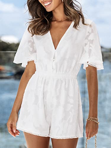 Cupshe Women's Casual V Neck Button Down Summer Jumpsuit Wide Leg Romper With Elastic Waist, White Large #TOP3