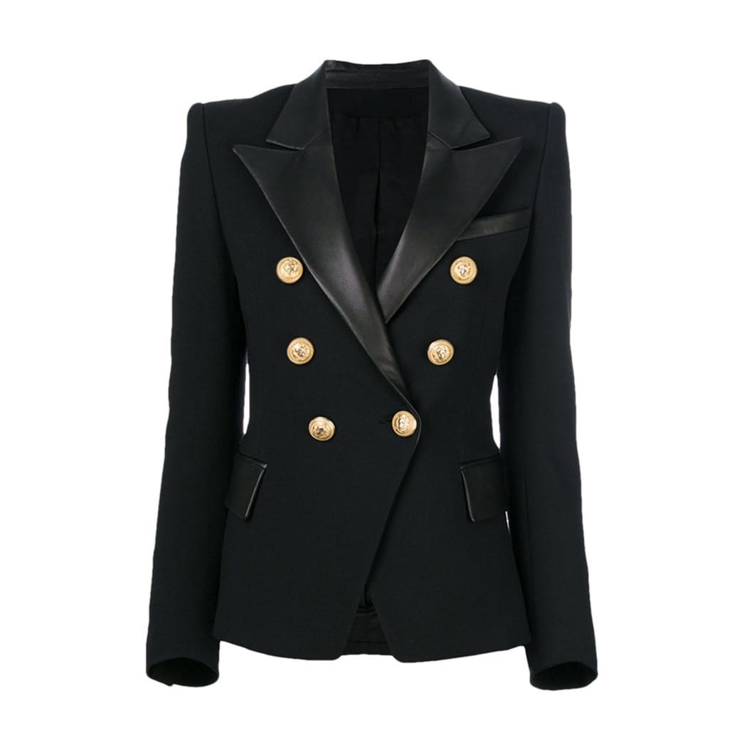 FULBHPRINT Primavera Otoño Europeo PU Cuero Cuello Delgado Negro Blazer OL Formal Clásico Trabajo Blazers