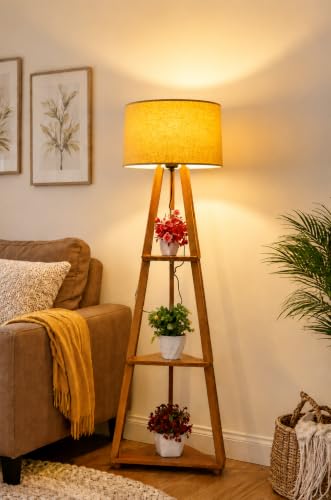 Image of Wooden Tripod Floor Lamp with 3 Shelves Modern Standing Lamp with Fabric Shade Decorative Shelf Floor Lamp for Living Room Bedroom & Home Decor Modern Standing Lamp for Living Room,Bedroom (Yellow)