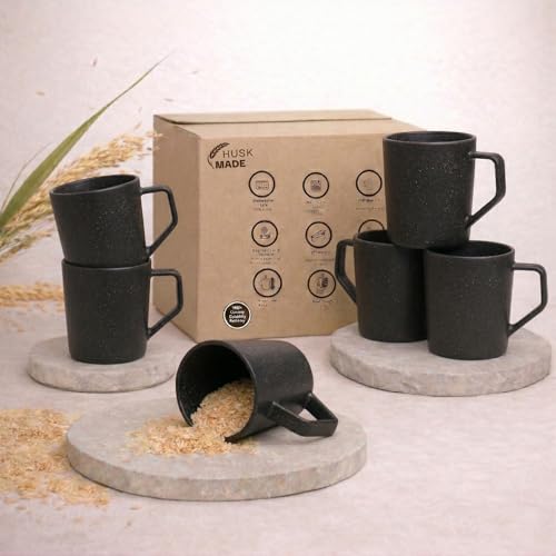 Image of Coffee Mug Set Made with Rice Husk & Bio Composite Material | TurtleBrew Coffee Mug Travel | Microwave & Dishwasher Safe | Midnight Black | 200 ml | Pack of 6