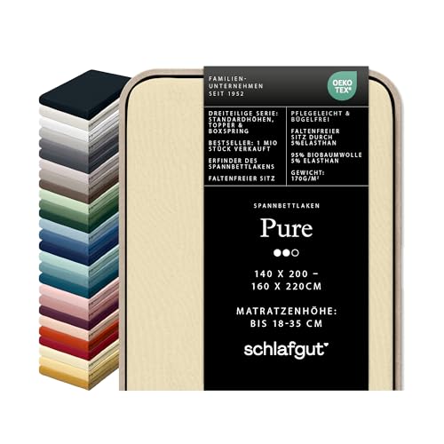 schlafgut Pure Spannbettlaken 95% Bio Baumwolle & 5% Elasthan Made in Green by Oeko TEX (140x200cm bis 160x220cm Matratzenhöhe von 18 bis 35 cm, Yellow Light)