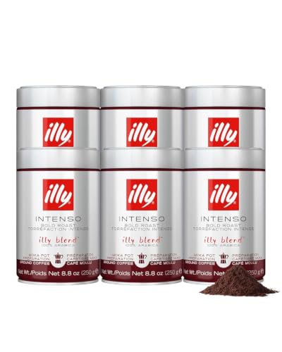 Image of illy Ground Moka Coffee, Intenso Dark Roast, 8.8oz, 6 Pack | 100% Arabica, Premium Italian Coffee, Pre-Ground for Moka Pot or Stovetop Brewing