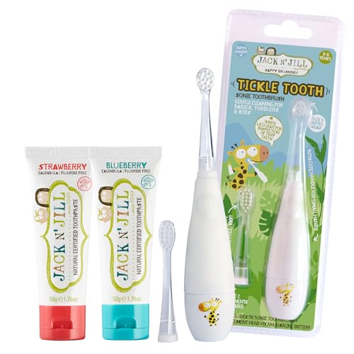 Image of Jack N' Jill Tickle Tooth Toddler Toothbrush & Toothpaste Set - Baby Electric Toothbrush, Natural Toothpaste for Kids, Made for Tiny Teeth, Organic Fruit Flavor (Strawberry & Blueberry)