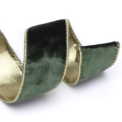 Image of Ribbli Moss Green Velvet Wired Ribbon 1.5 Inch Metallic Moss Gold Crushed Velvet Christmas Ribbon for Gift Wrapping Christmas Tree Decoration Crafts Wreaths Supplies-Continuous 10 Yards