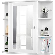 Bathroom Medicine Cabinet with Mirror, Wall Mounted Bathroom Storage Cabinet with Double Doors and Adjustable Shelf, Wooden Storage Cabinets Organizer for Kitchen, Toilet Furniture White