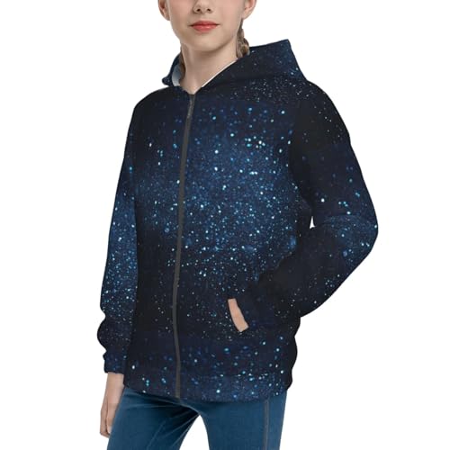 Blue Glitter Retro Kids Pullover Hoodies Boys Zip Up Sweatshirts Girls Athletic Clothes with Pocket