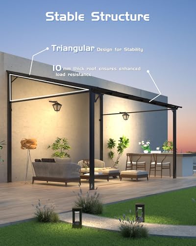 10'x 12' Lean to Gazebo, Hardtop Wall Pergola with Polycarbonate Roof, Aluminum Frame Mounted Gazebo for Lawn Patio Deck Yard and Party