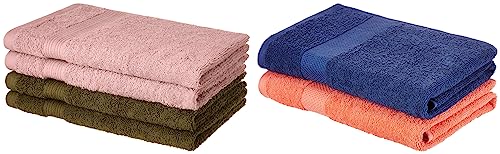 Image of Amazon Brand - Solimo Cotton 2 Piece Bath Towel Set, 380 GSM (Twilight Blue, Coral Pink) 100% Cotton 4 Piece Hand Towel Set, 500 GSM (Sepia Brown and Baby Pink)