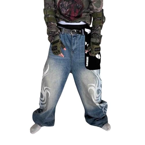 Men's Y2K Loose Jeans Retro Totem Print Gothic Pants high Waist Wide Leg Harajuku Hip-hop Pants